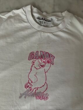 Ganni White Tee with Pink Bear Graphic